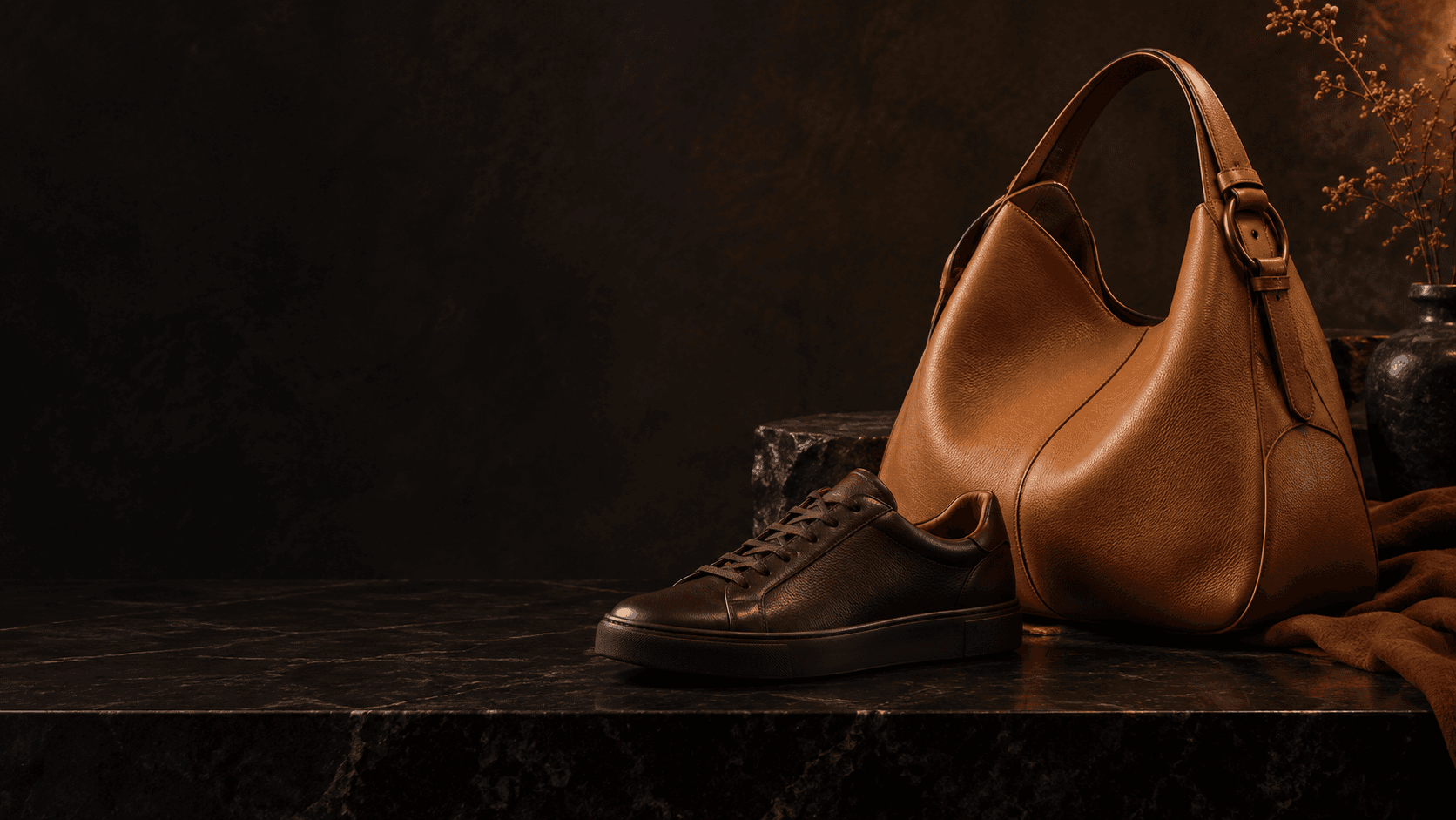 Bolso de cuero y calzado en una escena editorial